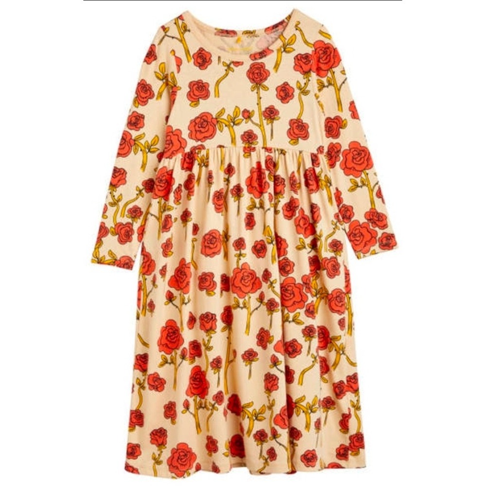 Mini Rodini Kids Beige Red Rose Floral Long Sleeve Jersey Dress 5-6Y 110-116